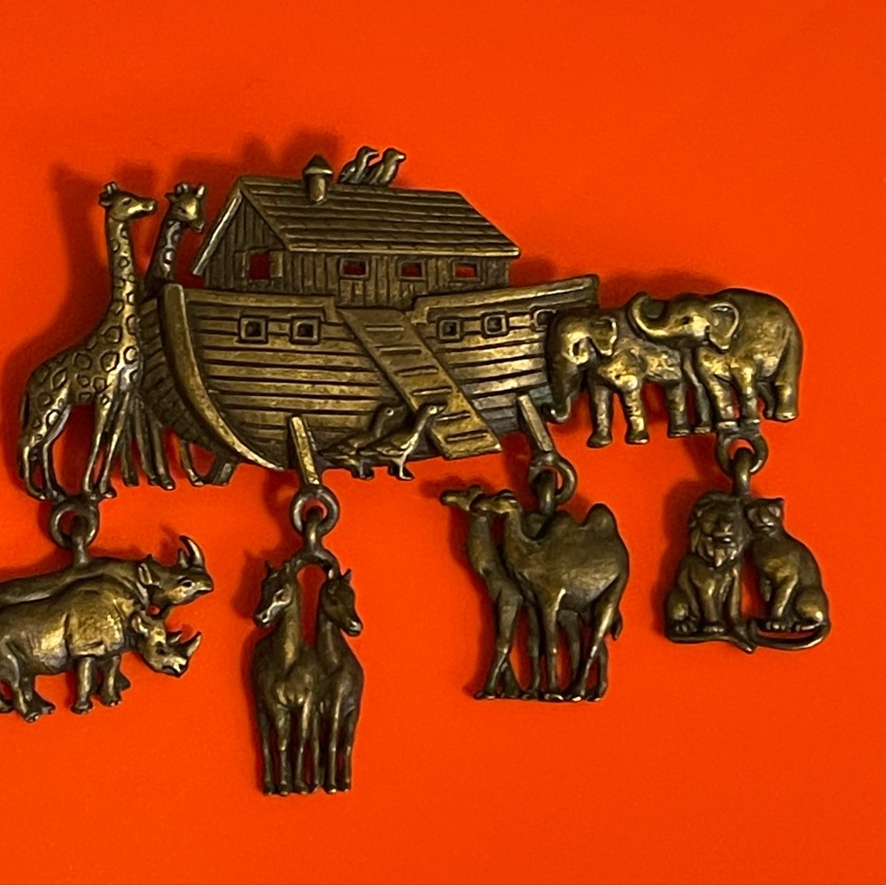 Gold Brush Metal Noah’s Ark Brooch by JJ